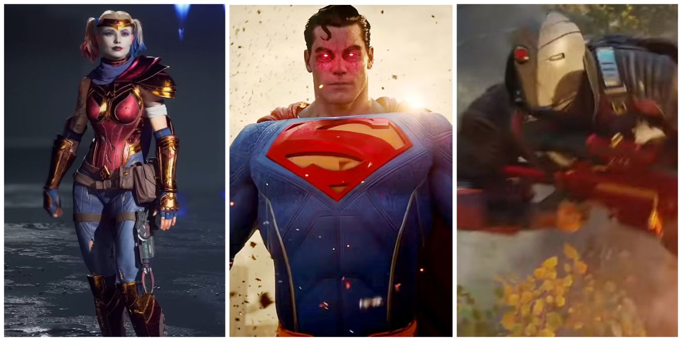 A split image with Harley Quinn in her Wonder Woman costume, corrupted Superman, and Deadshot from Suicide Squad: Kill the Justice League
