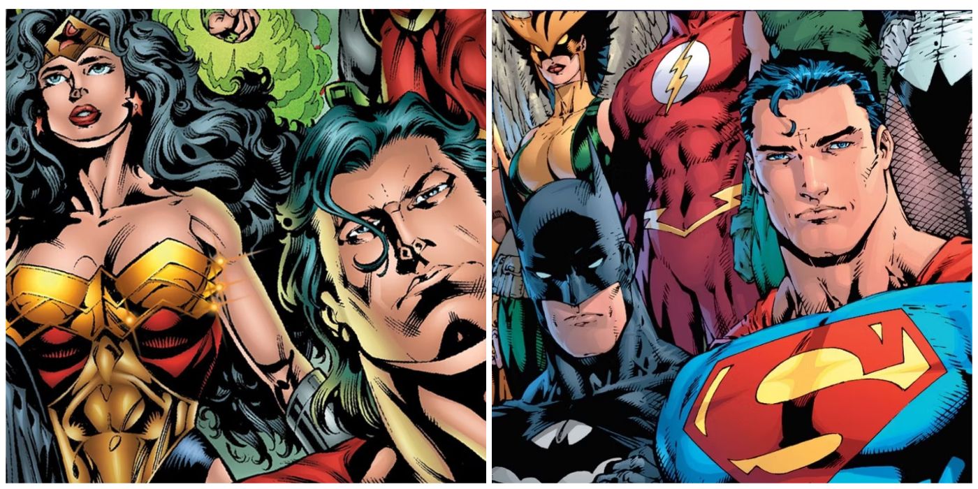 Split image of Superman leading the Justice League in JLA: New World Order and Tornado's Path