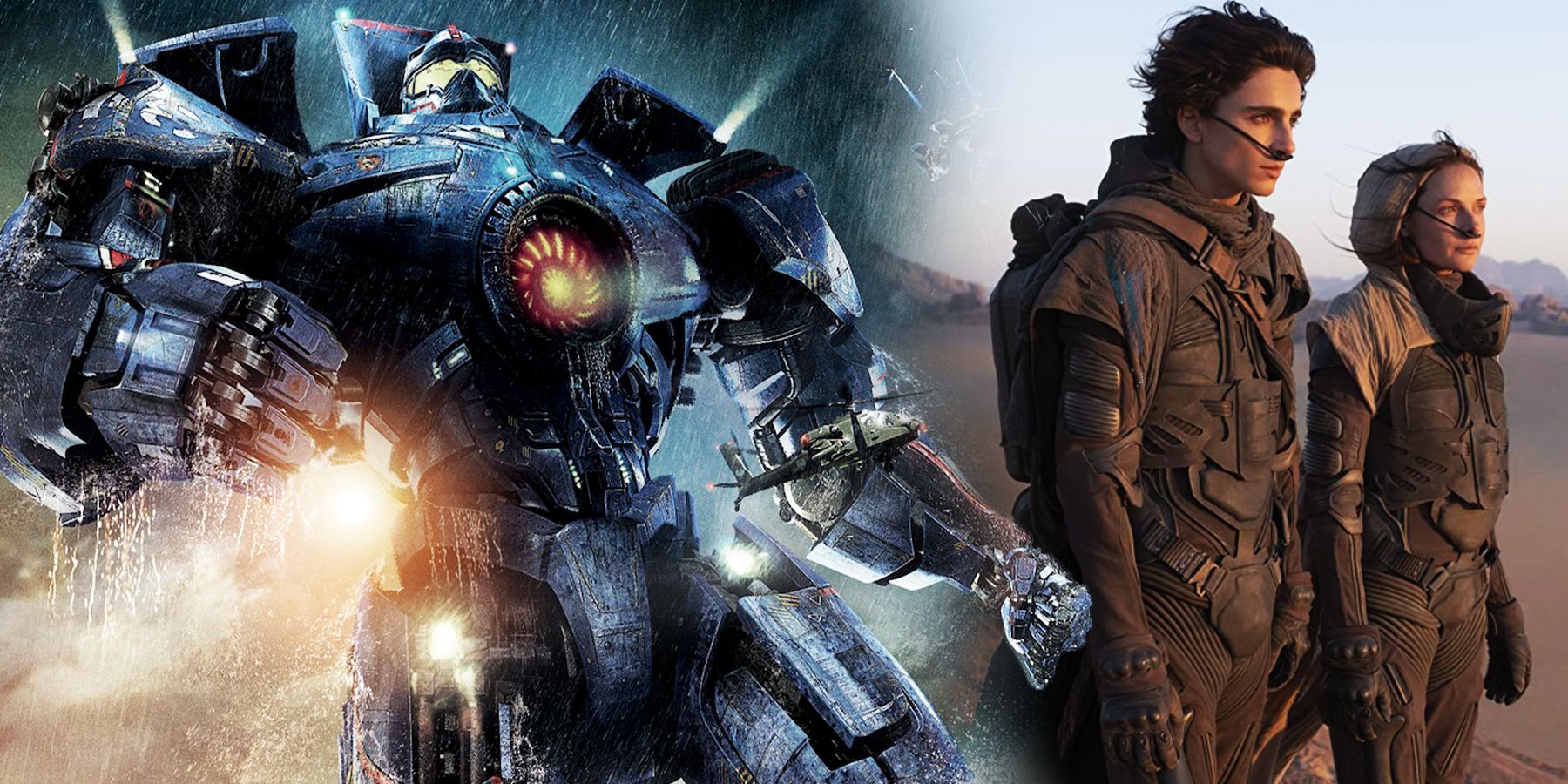 On the left, the Jaeger Striker Eureka emerges from water ready for a fight. On the right, Paul Atreides and Lady Jessica stand in the desert.
