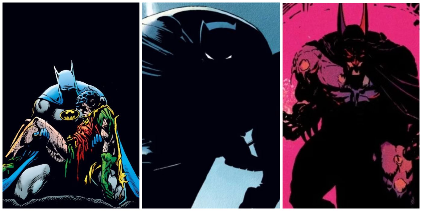 A split image of A Death in the Family (left), The Dark Knight Returns (center) and Batman: The Cult (right