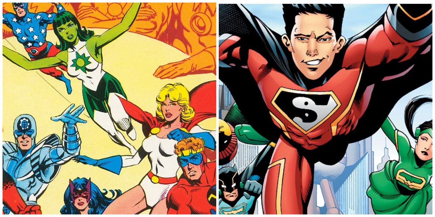 split image: Jade and Power Girl lead Infinity Inc in the Silver Age, and the Justice League of China flies