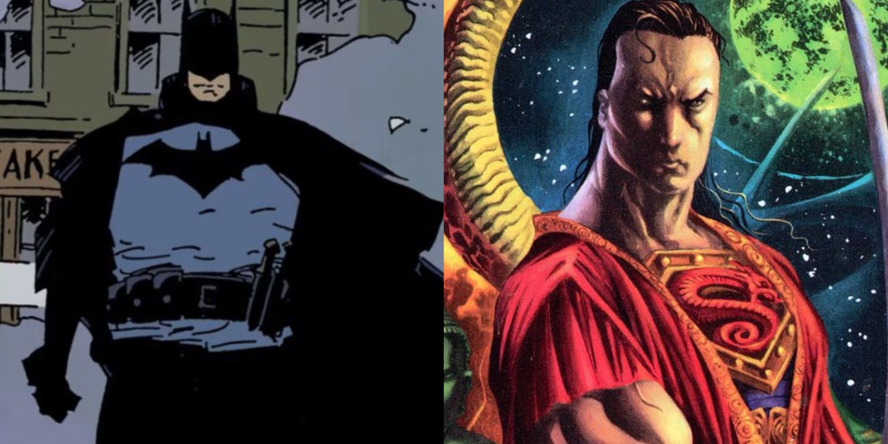 split image of Batman in Gotham by Gaslight and Superman in Elseworlds comics
