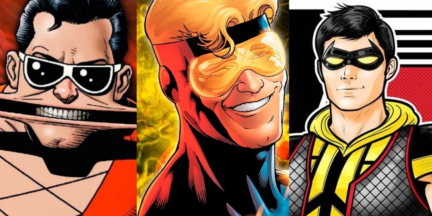 A split image of Plastic Man, Booster Gold, and Vibe from DC Comics
