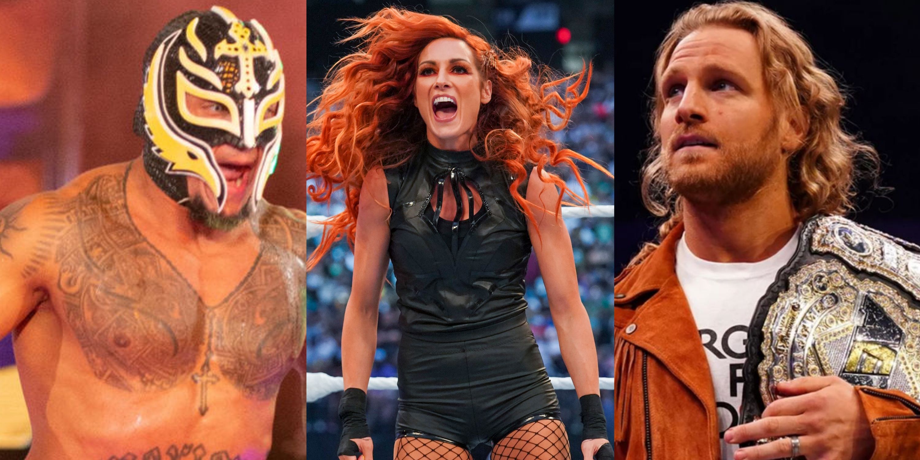 10 Greatest Babyfaces In Wrestling History; split image of Rey Mysterio (WWE), Becky Lynch (WWE), and Hangman Adam Page (AEW)