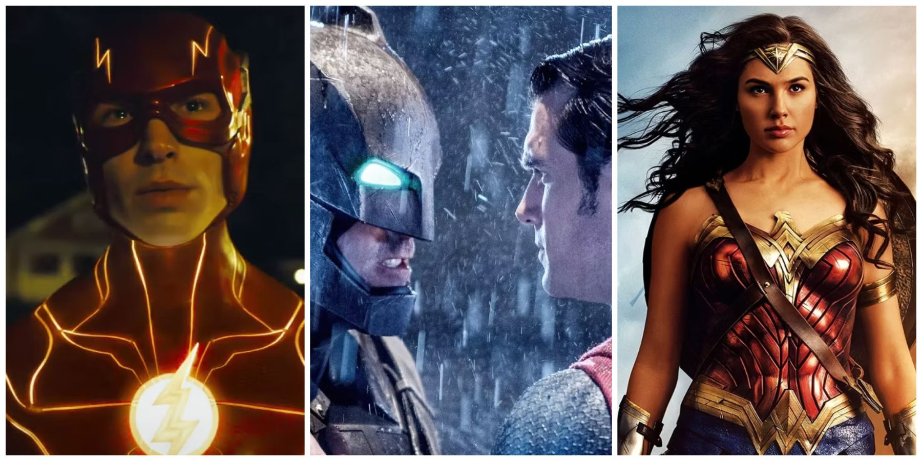 The end of the DCEU has implications for the big-screen futures of the Flash (left), Batman and Superman (center) and Wonder Woman (right)