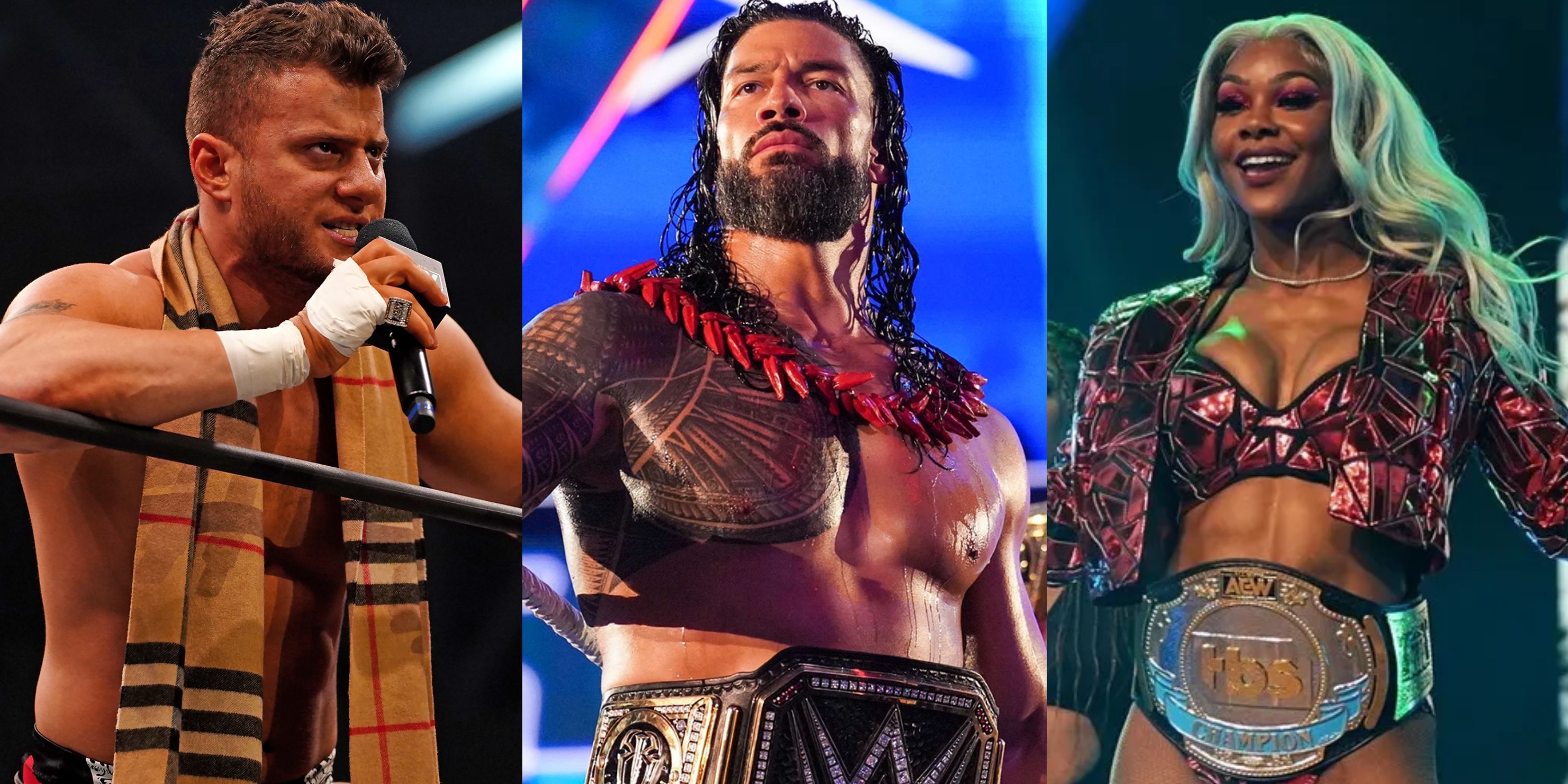 10 Immaculate Wrestling Heels; split image of MJF (AEW), Roman Reigns (WWE), and Jade Cargill (AEW)