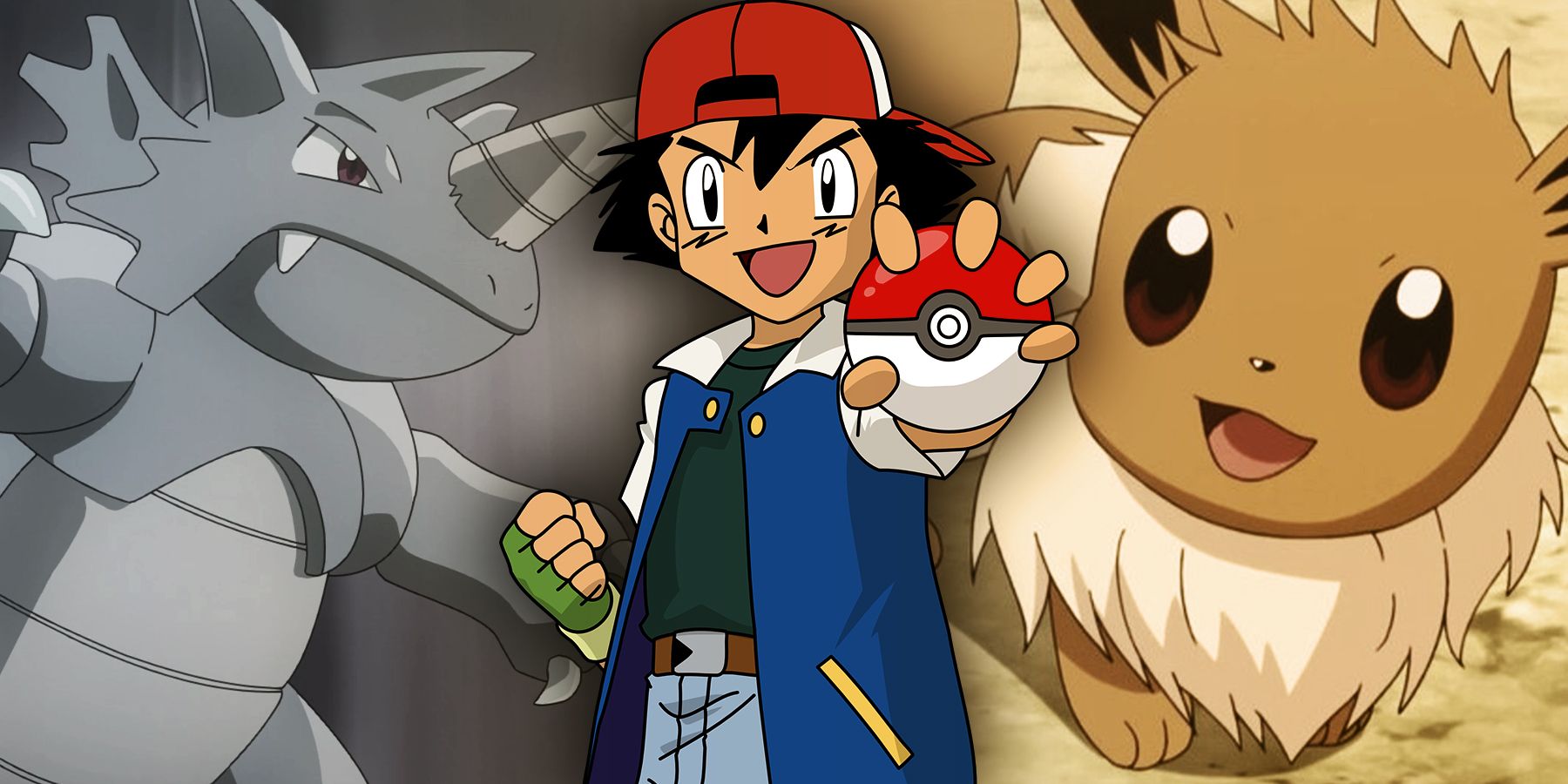 In the middle of the image, Ash holds up a pokeball. Behind him from left to right are ground/rock type Rhydon and normal type Eevee.