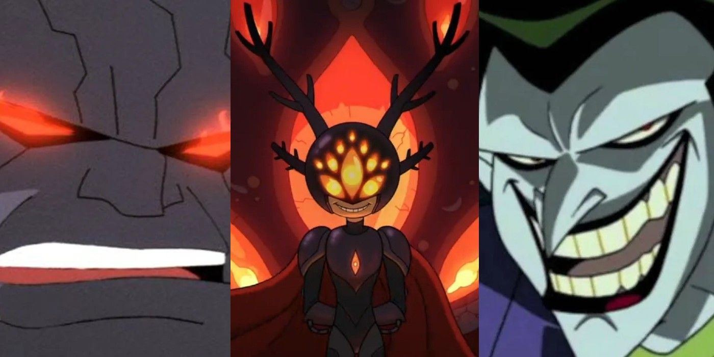 10 Kids' Shows With The Most Evil Villains Feature Image: Darkseid, Darcy/the Core, and Joker