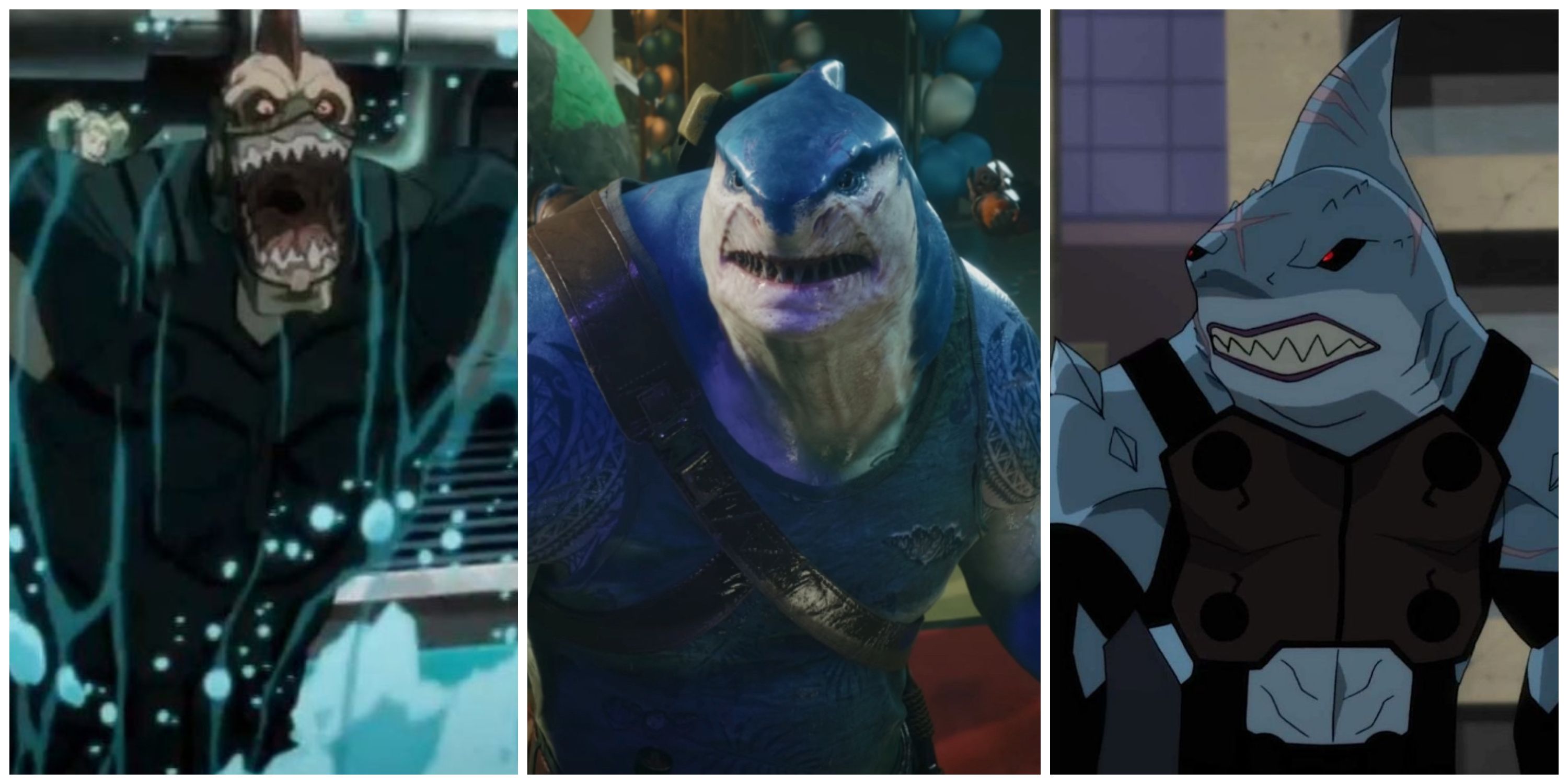 A split image showing King Shark from Batman: Assault on Arkham, Suicide Squad: Kill The Justice League, and Justice League Dark: Apokalips War