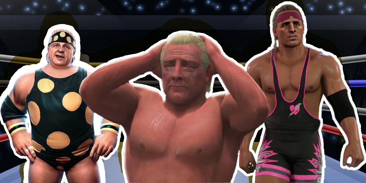 A composite image of Ric Flair, Dusty Rhodes, & Owen Hart in video games