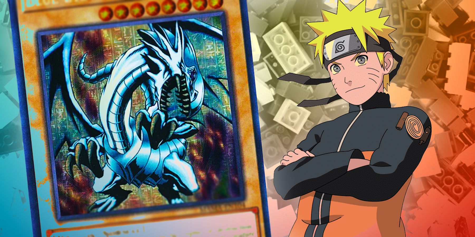 On the left, the Blue Eyes White Dragon Yu Gi Oh! card. On the right, Naruto. The background is  pile of legos.
