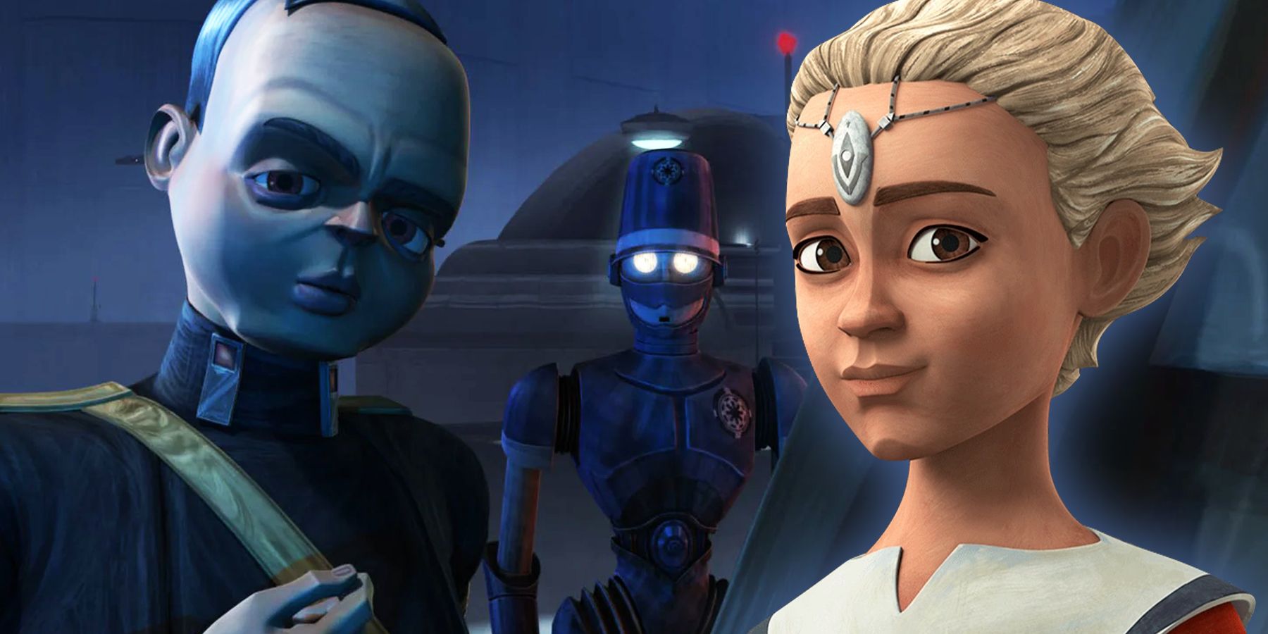 On the left, Tan Divo of Clone Wars looks on with skepticism. On the right, Omega of Bad Batch smiles. 