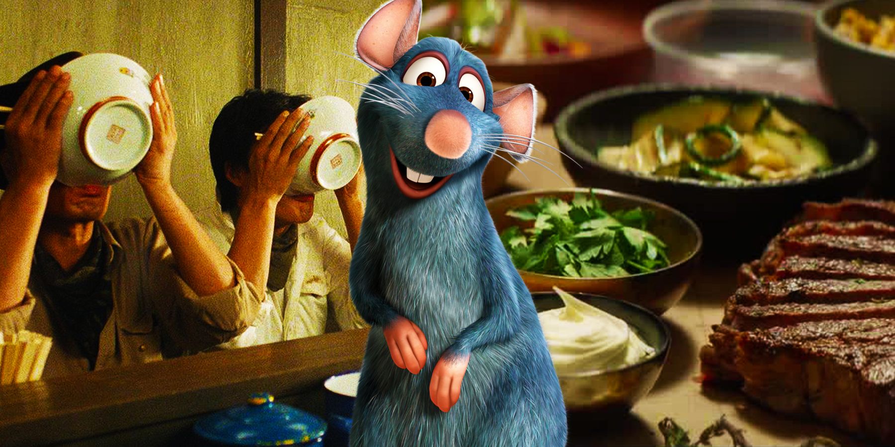 Remy of Ratatouille stands in the middle of the image. Behind on the left, men have bowls to their mouths as they sip ramen. On the right, a decadent spread of spices, herbs and meat sit on a table. 