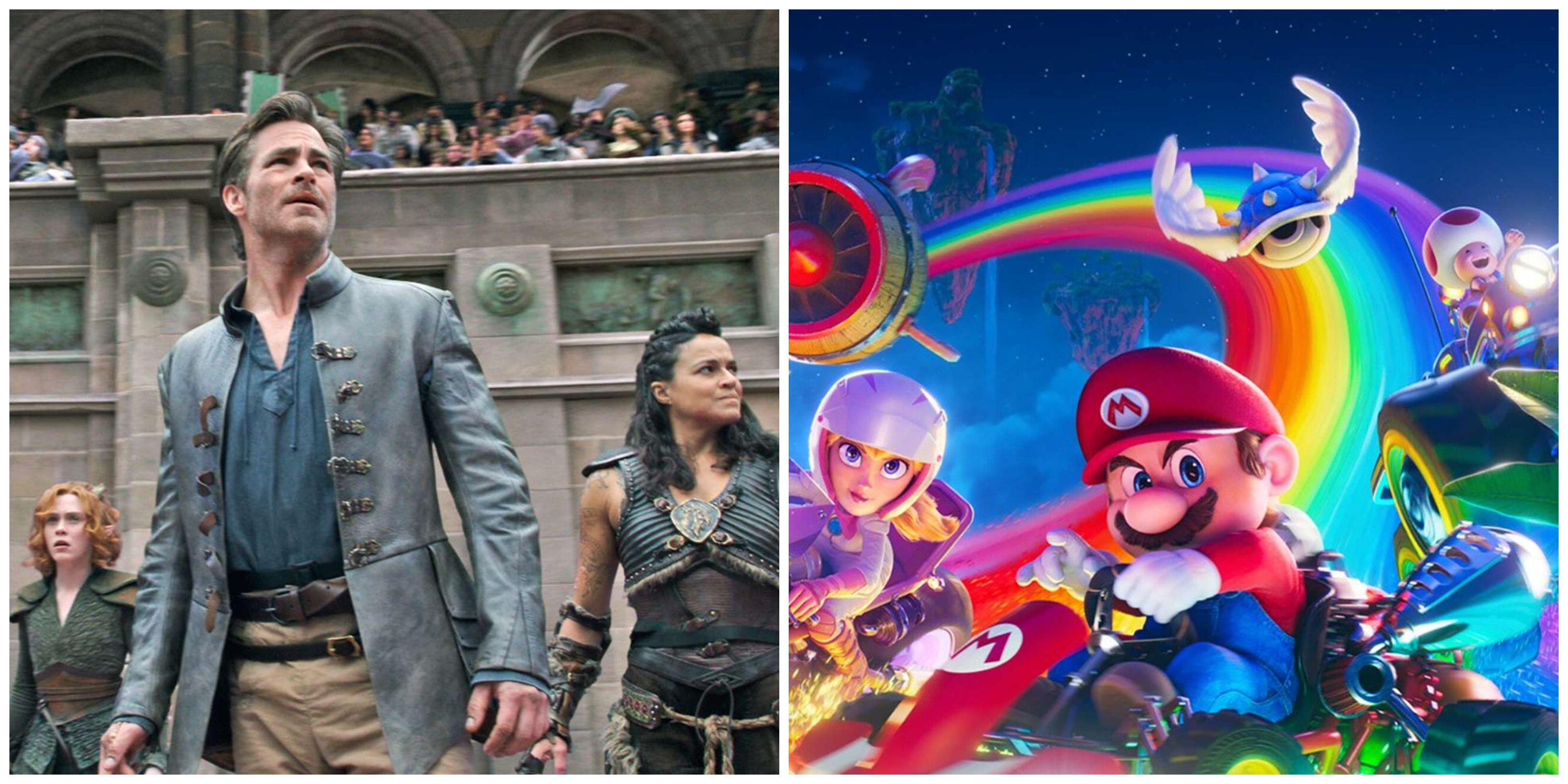A split image featuring Sophia Lillis as Doric, Chris Pine as Edgin Darvis, and Michelle Rodriguez as Holga Kilgore from Dungeons & Dragons: Honor Among Thieves, and Peach, Mario, and Toad from The SUper Mario Bros. Movie
