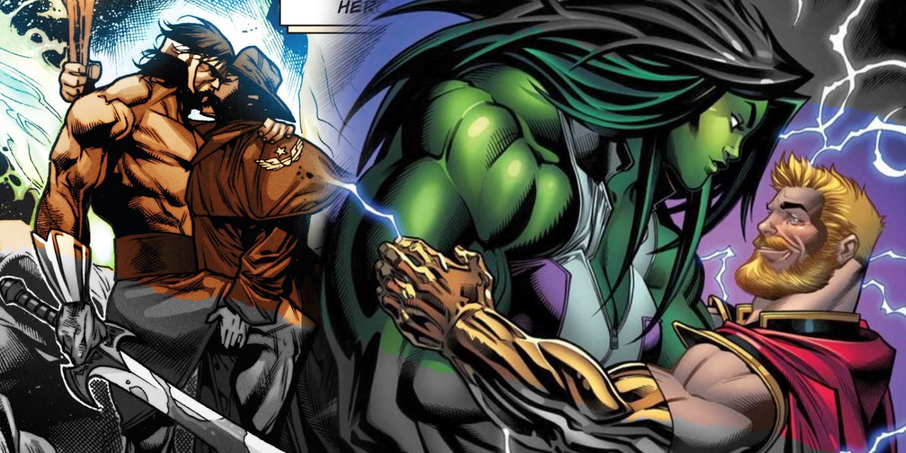 On the left, Wolverine and Hercules wrap their arms around each other amongst the remnants of a recent battle. On the right, She-Hulk and Thor are wrapped in each others arms, smiling affectionately at one another.