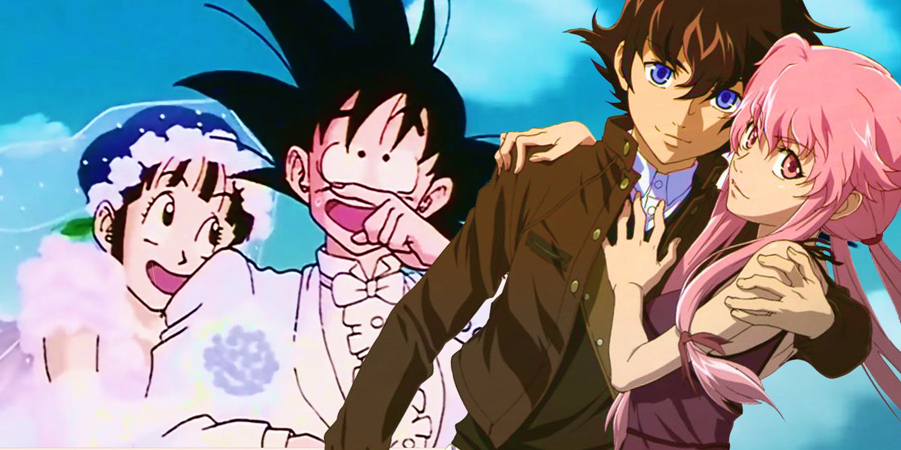 On the left, Goku and Chichi smiling on their wedding day. On the right, Yukiteru and Yuno of Future Diary with Yuno's arms around Yukiteru.