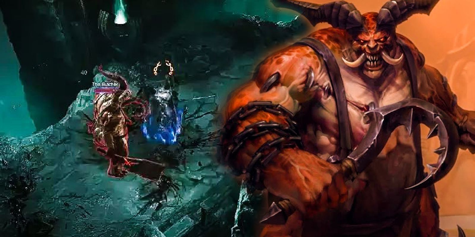 A gameplay screenshot of The Butcher next to artwork of the Diablo character