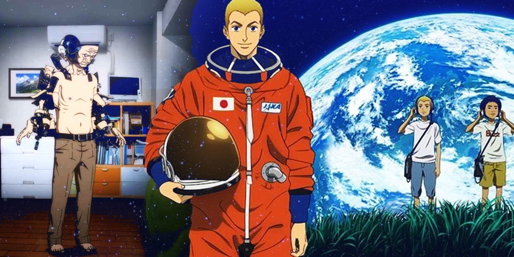 In the middle, a Hibito Nanba of Space Brothers smiles in an astronaut suit. To his right are him and his brother as children looking up at the night sky. On the left, Inuyashiki Ichiro is seen with mechanized limbs and head separated with metal joints exposed. 