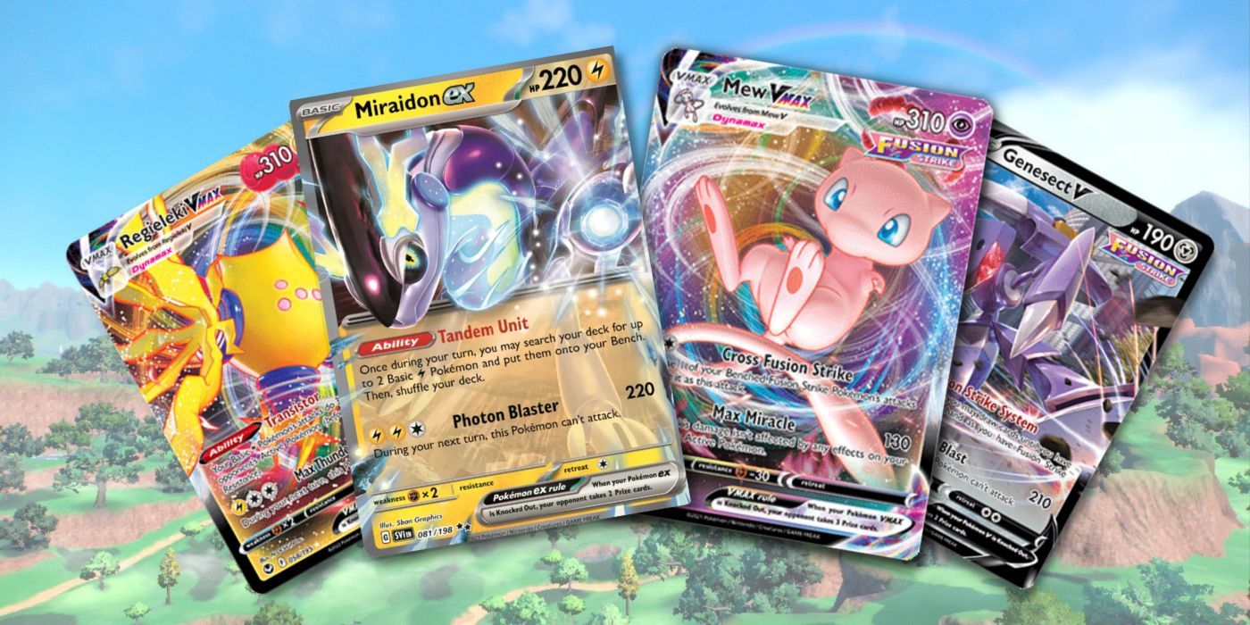 4 cartas Pokémon: Regieleki VMAX, Miraidon ex, Mew VMAX e Genesect V