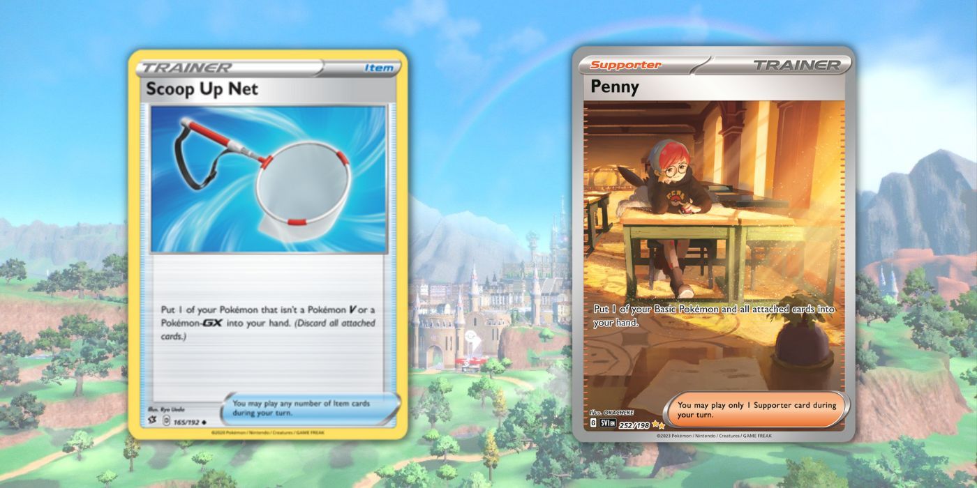 2 cartas Pokémon: Scoop Up Net e Penny