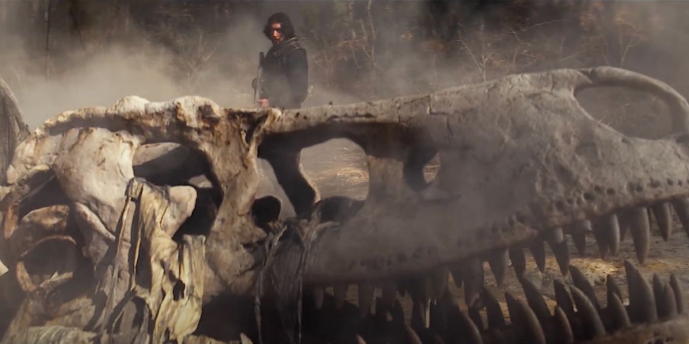 Adam Driver Mills sees a giant dinosaur skull in 65