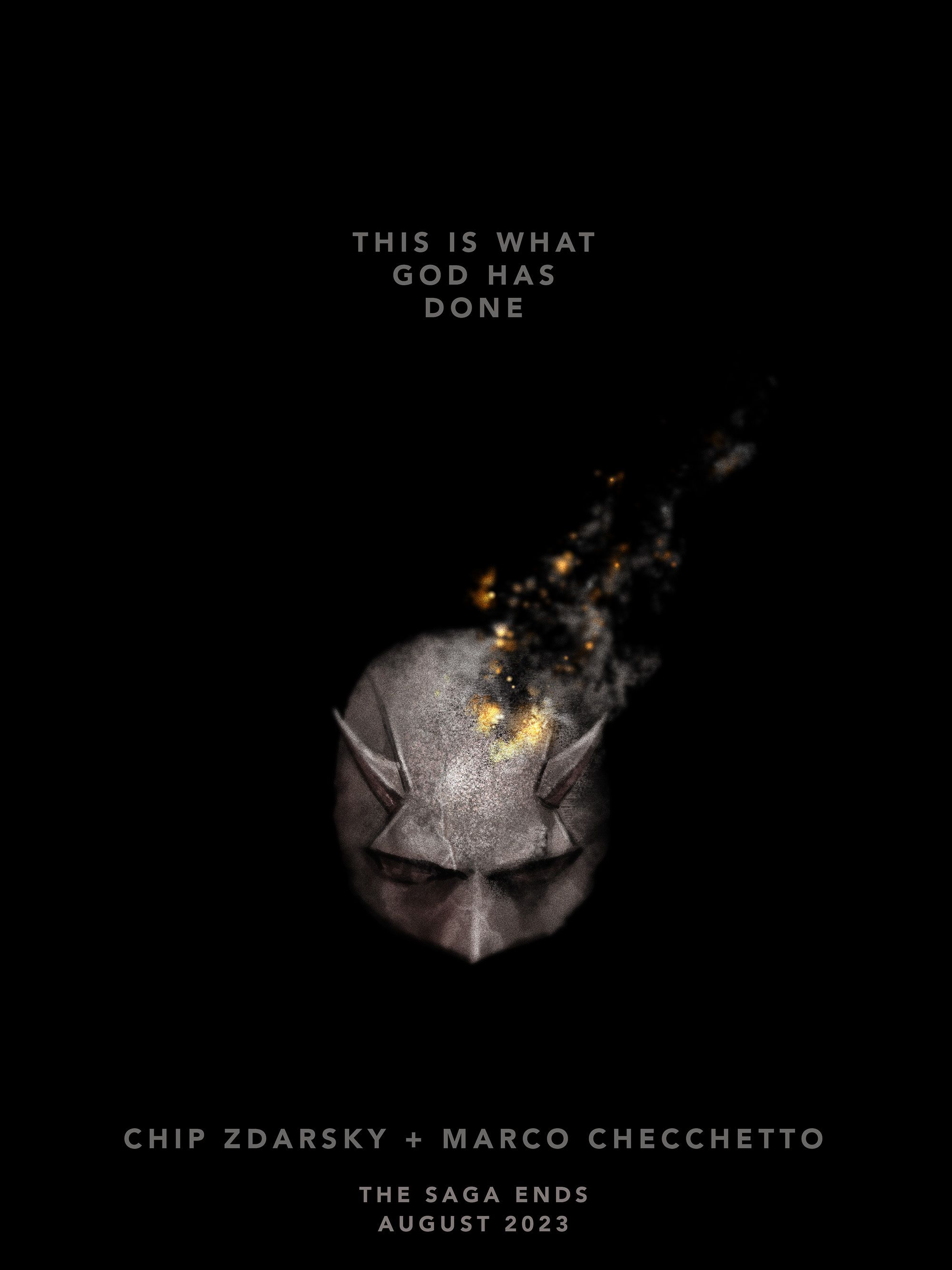 Uma promoção mostrando a máscara do Demolidor em chamas indica o fim da carreira do escritor Chip Zdarsky e do artista Marco Checchetto.