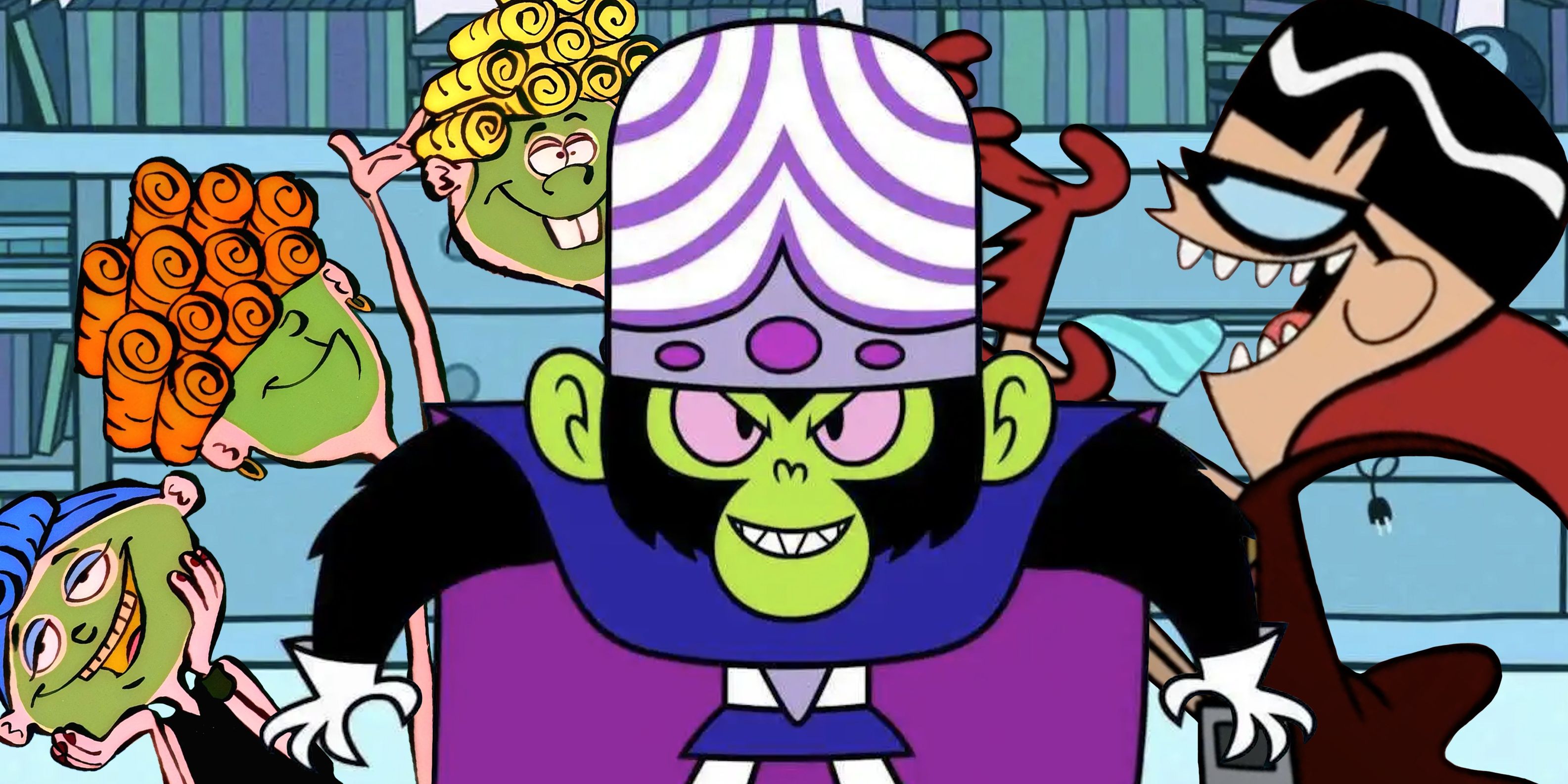 Worst '90s Cartoon Villains Feature Image Including Mojo Jojo The Kanker Sisters and Mandark