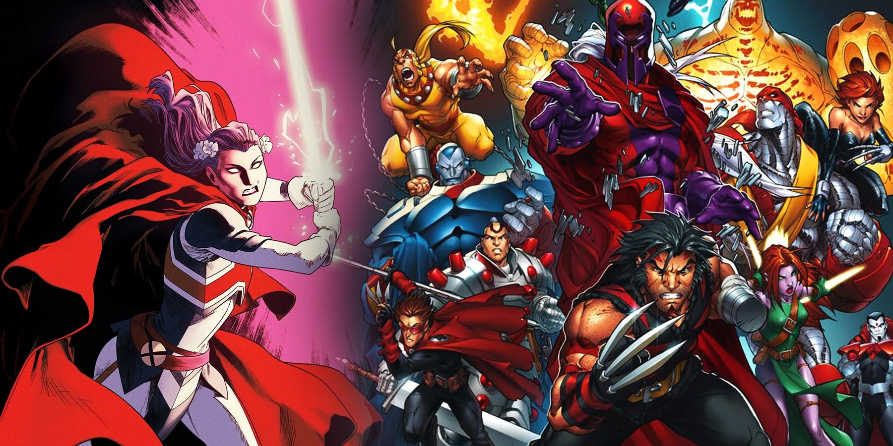 On the left, Psylocke draws back her sword, ready to swing. On the right, Wolverine leads a team of mutants on the charge from 'Age of Apocalypse'.