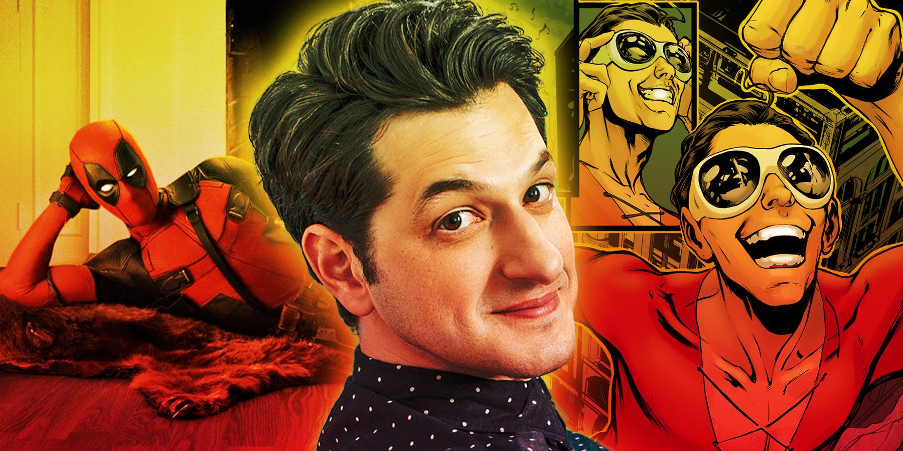 In the middle, Ben Schwartz looks on thoughtfully with a slight smile. To his left, Deadpool lays on a bear skin rug in front of a fire. On the right, Plastic Man is putting on his sunglasses and getting ready to charge forward. 