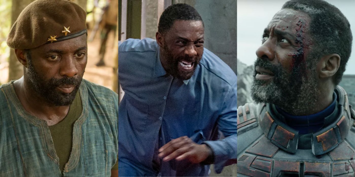 A split image of actor Idris Elba as Commandant in Beasts of No Nation, Luther in Luther: The Fallen Sun, and Bloodsport in The Suicide Squad