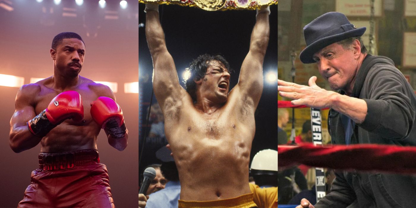 A split image of Adonis Creed in Creed III, Rocky in Rocky II, and Rocky in Creed 