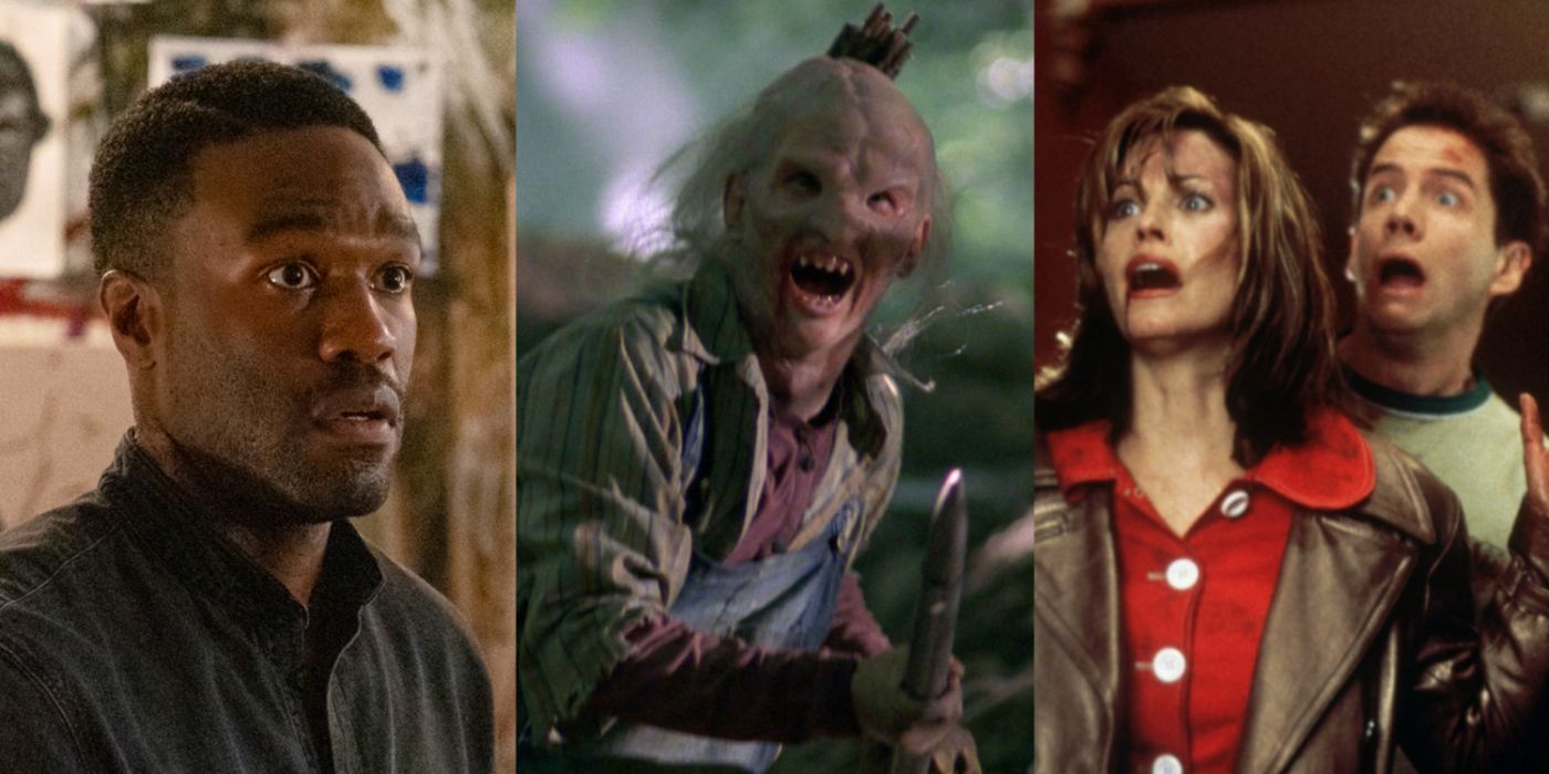 A split image of Anthony in Candyman (2021), a villain in Wrong Turn 2, and Gale in Scream 3