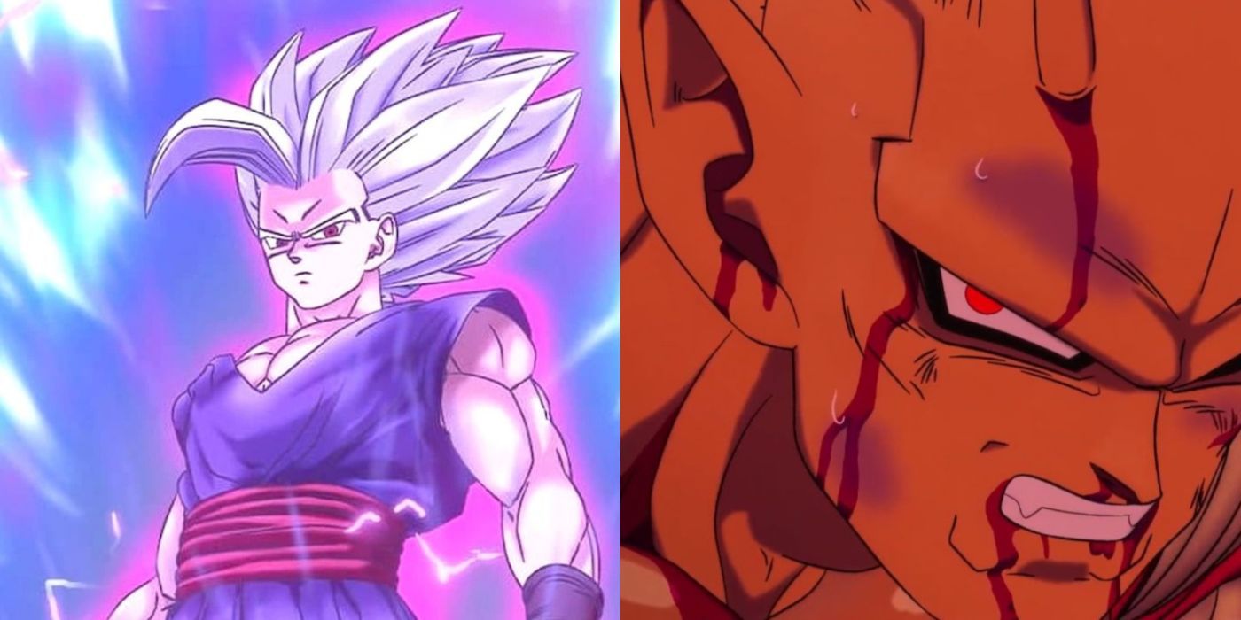 Uma imagem dividida de Beast Gohan e Orange Piccolo de Dragon Ball Super Super Hero