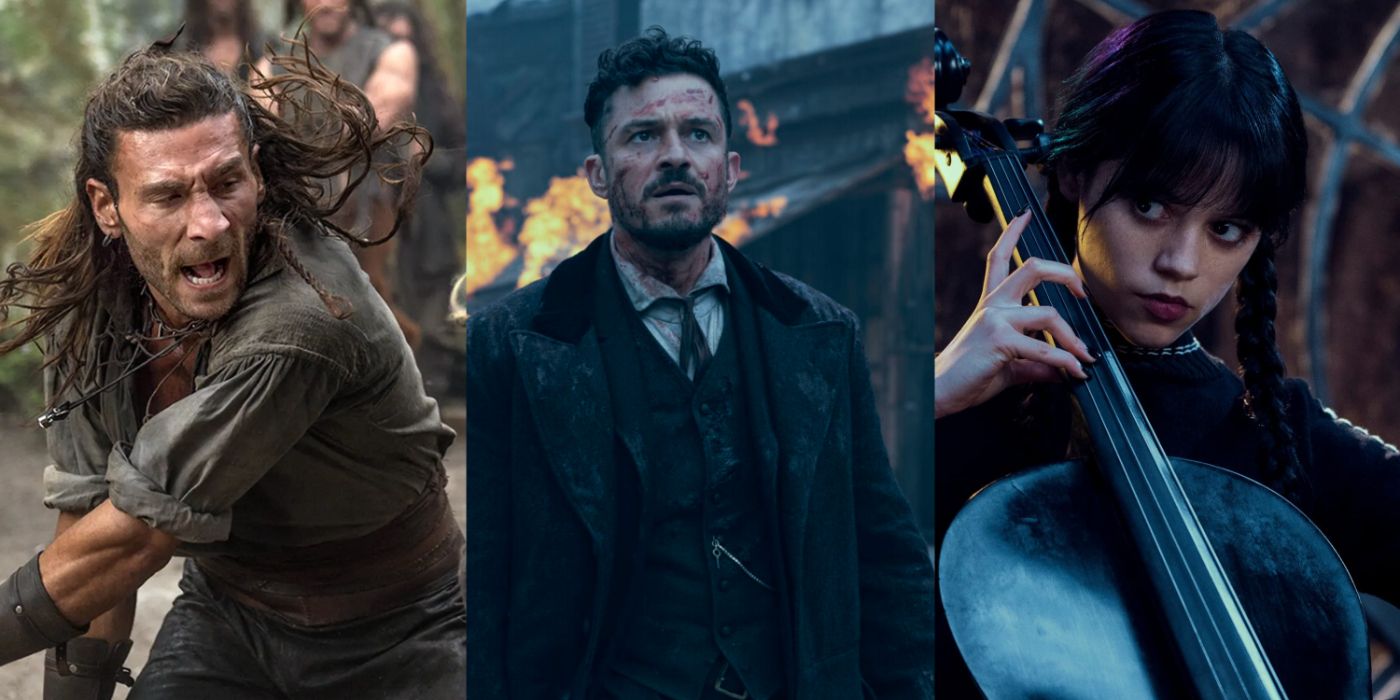 A split image of Black Sails, Carnival Row, and Wednesday