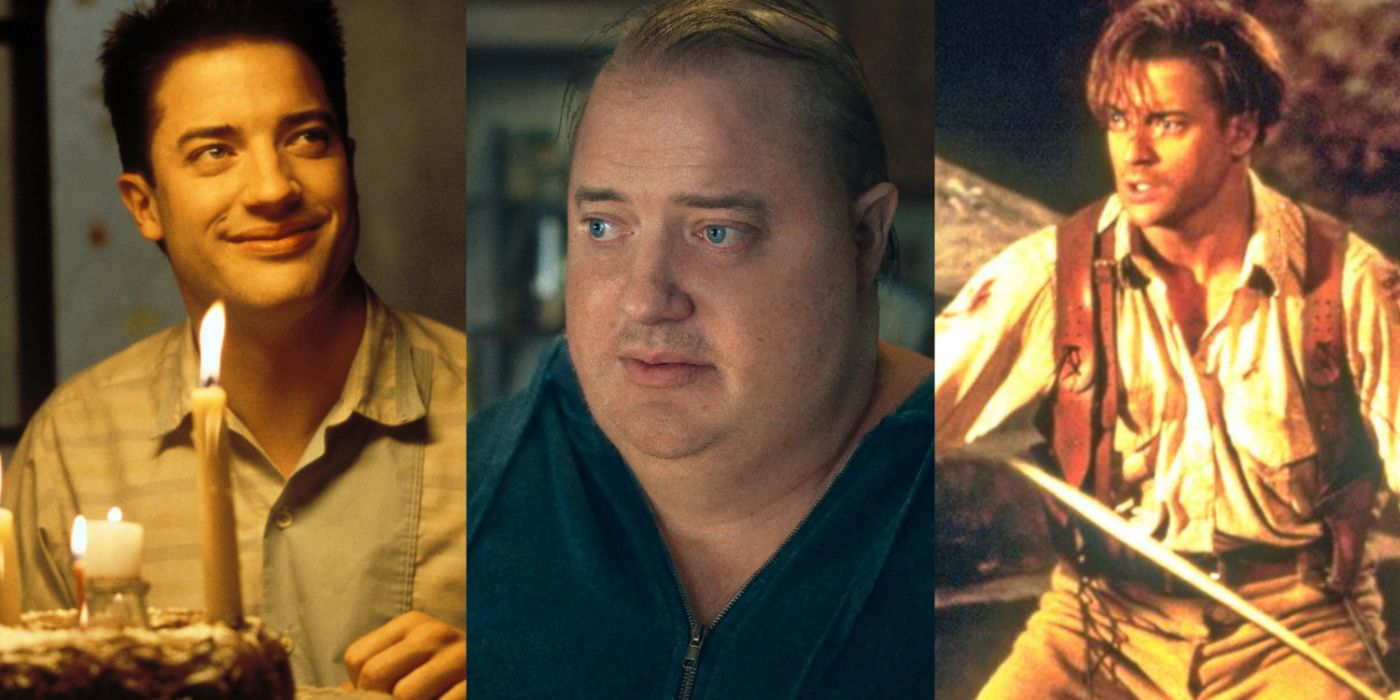 A split image of Brendan Fraser in Blast From The Past, The Whale, and The Mummy