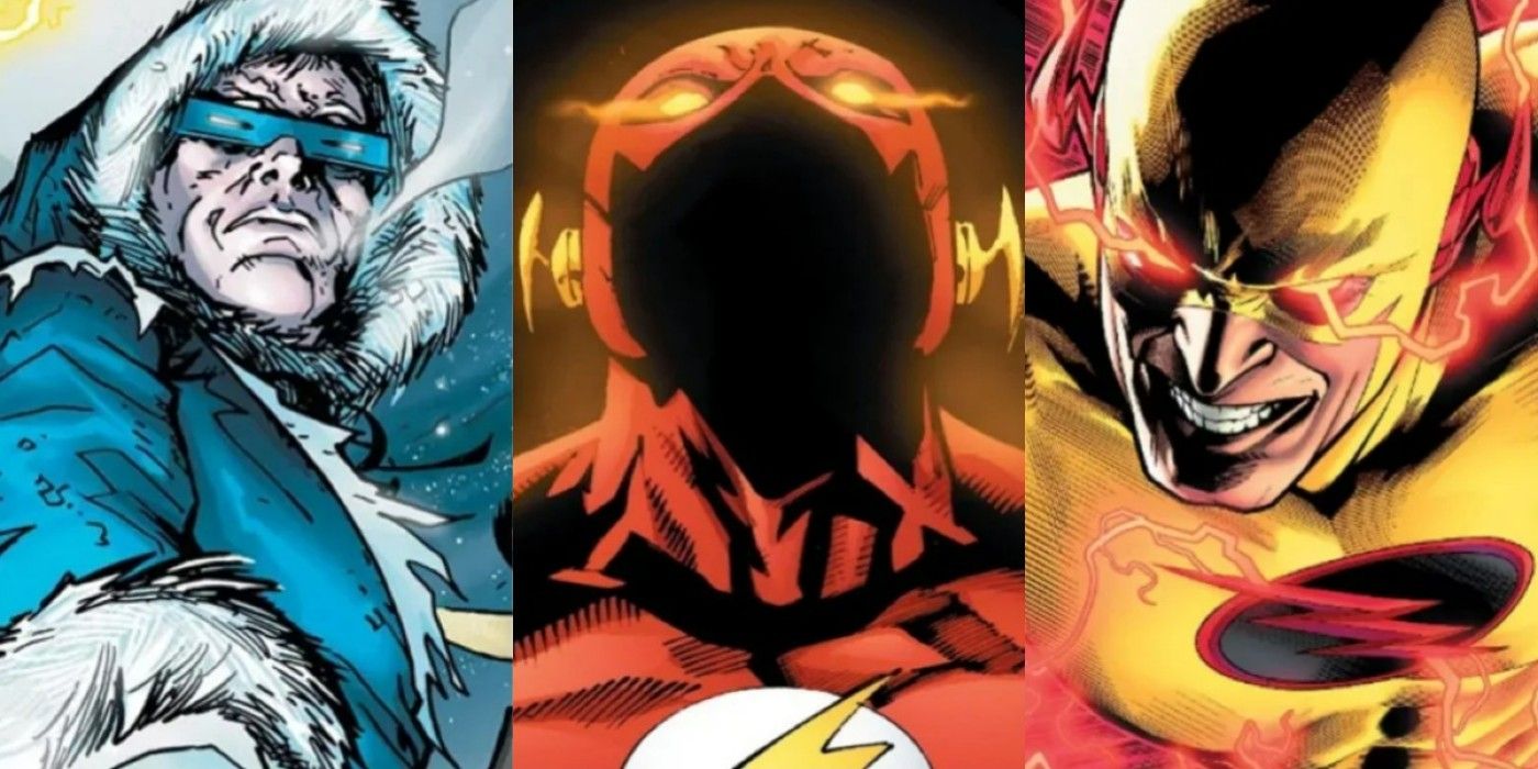 A split image of Captain Cold, an empty Flash suit, and Reverse Flash from DC Comics