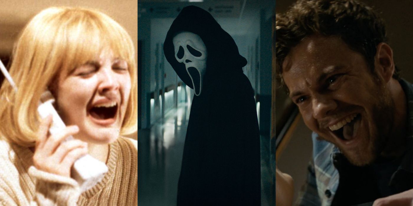 A split image of Casey, Ghostface, and Richie in Scream franchise