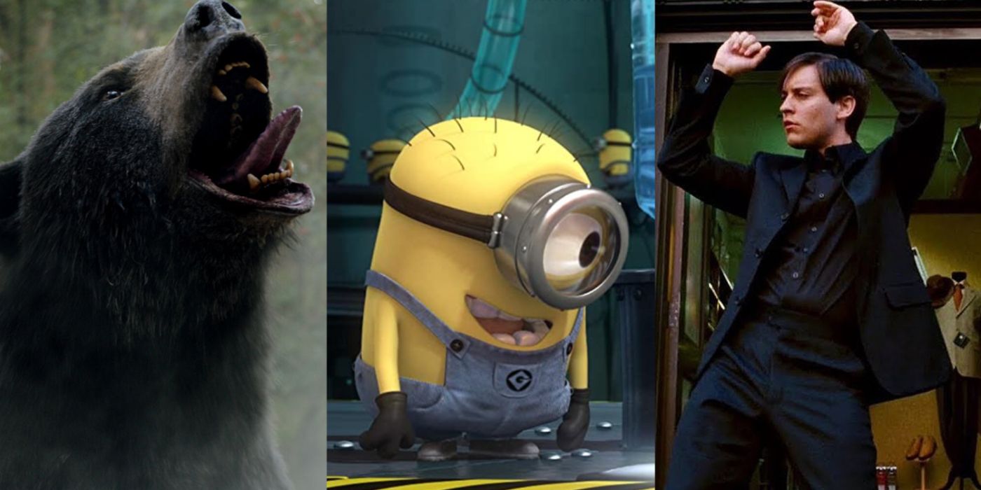 A split image of Cocaine Bear, Despicable Me minions, and Spider-Man 3