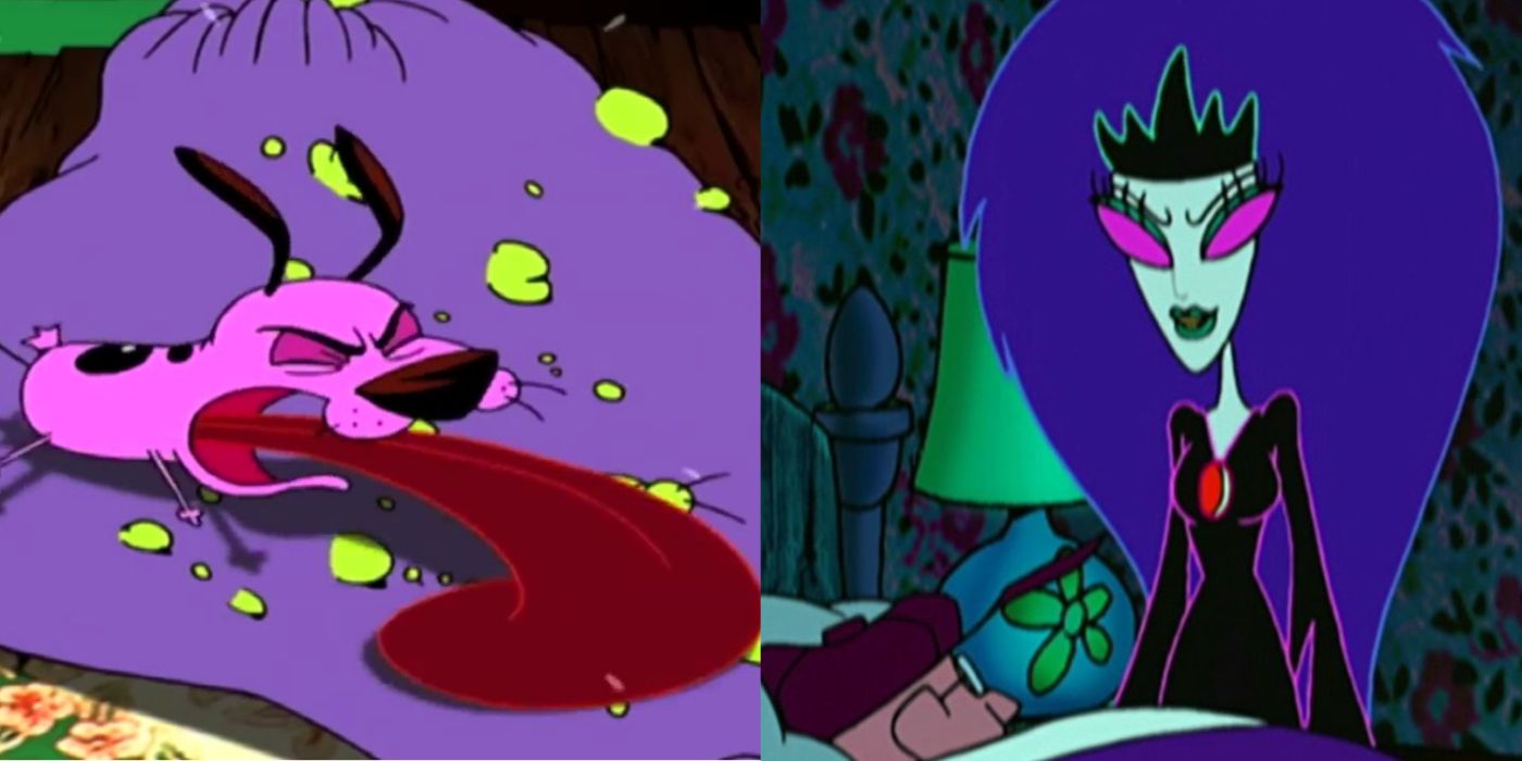 A Split Image Of Courage Licking The Big Toe And The Queen Of The Puddle Looking Over Eustace In Courage The Cowardly Dog 