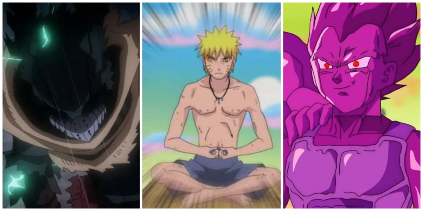 A split image of Dark Deku from My Hero Academia, Naruto training from Naruto, and Copy Vegeta from Dragon Ball Super.
