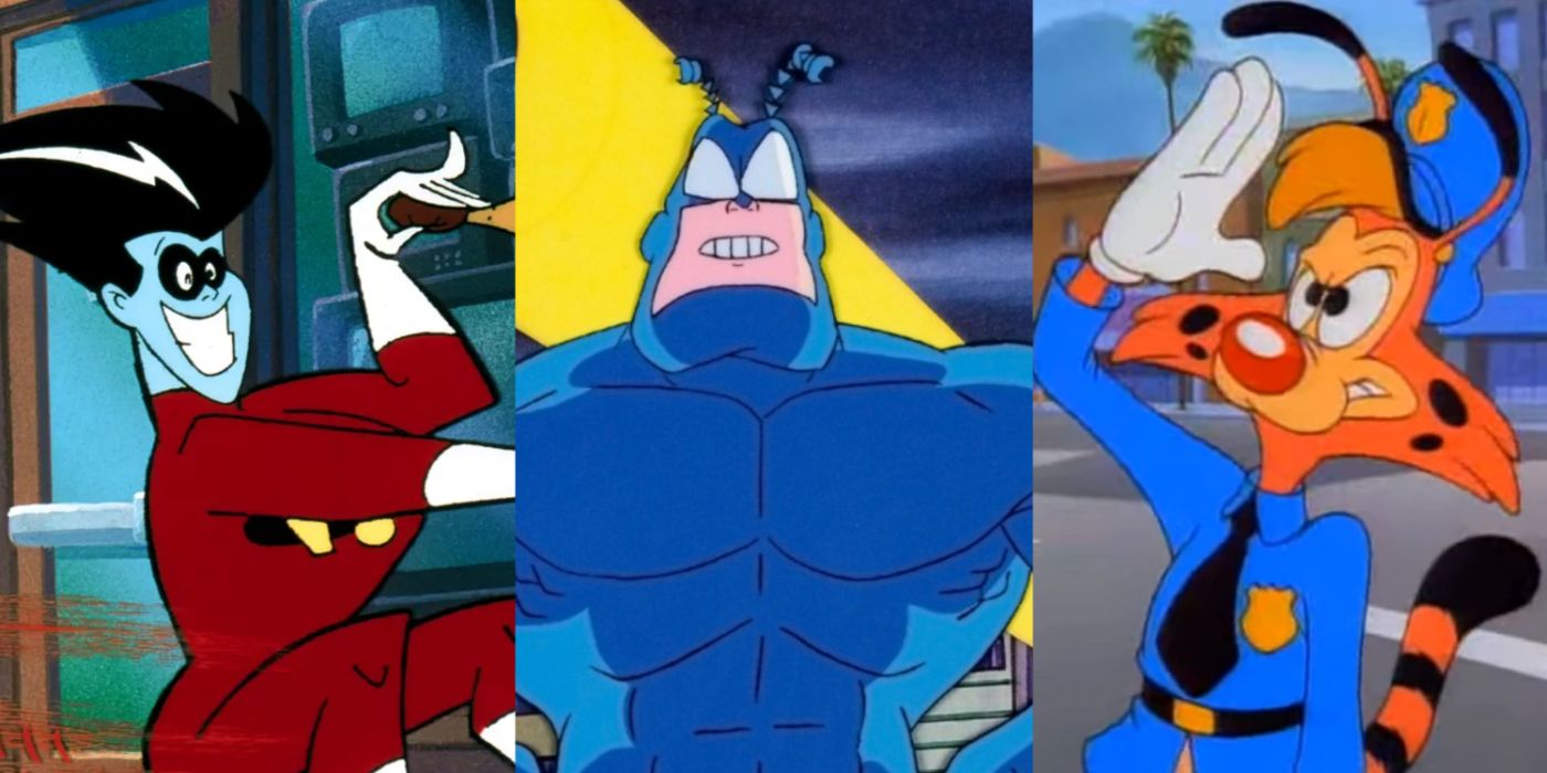 A split image of Dexter in Freakazoid, The Tick in The Tick, and Bonkers D. Bobcat in Bonkers