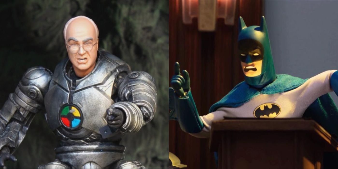 A split image of Dick Cheney:Iron Man and Batman in Robot Chicken