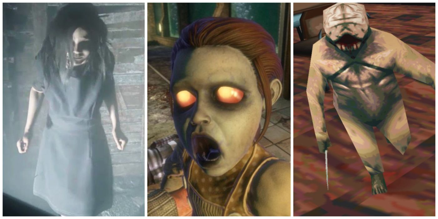 A split image of Eveline from Resident Evil 7, Little Sister from BioShock, and Grey Child from Silent Hill