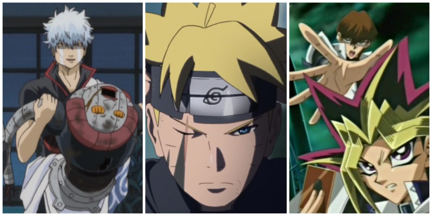 A split image of Gintoki from Gintama, Boruto from Boruto, and Yugi from Yu-Gi-Oh!.