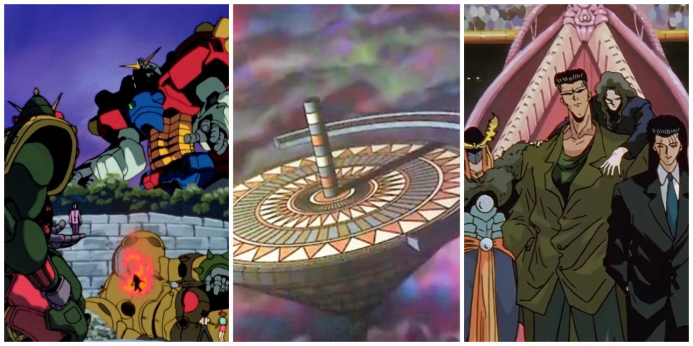 A split image of Gundam Fight from G Gundam, Tournament of Power from Dragon Ball Super, and Dark Tournament from Yu Yu Hakusho.