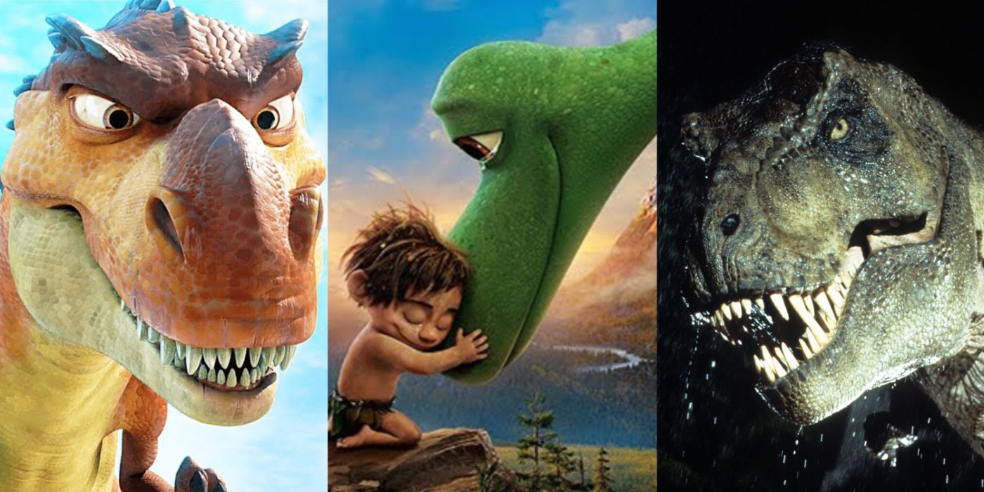 A split image of Ice Age: Dawn of the Dinosaurs, The Good Dinosaur, and Jurassic Park