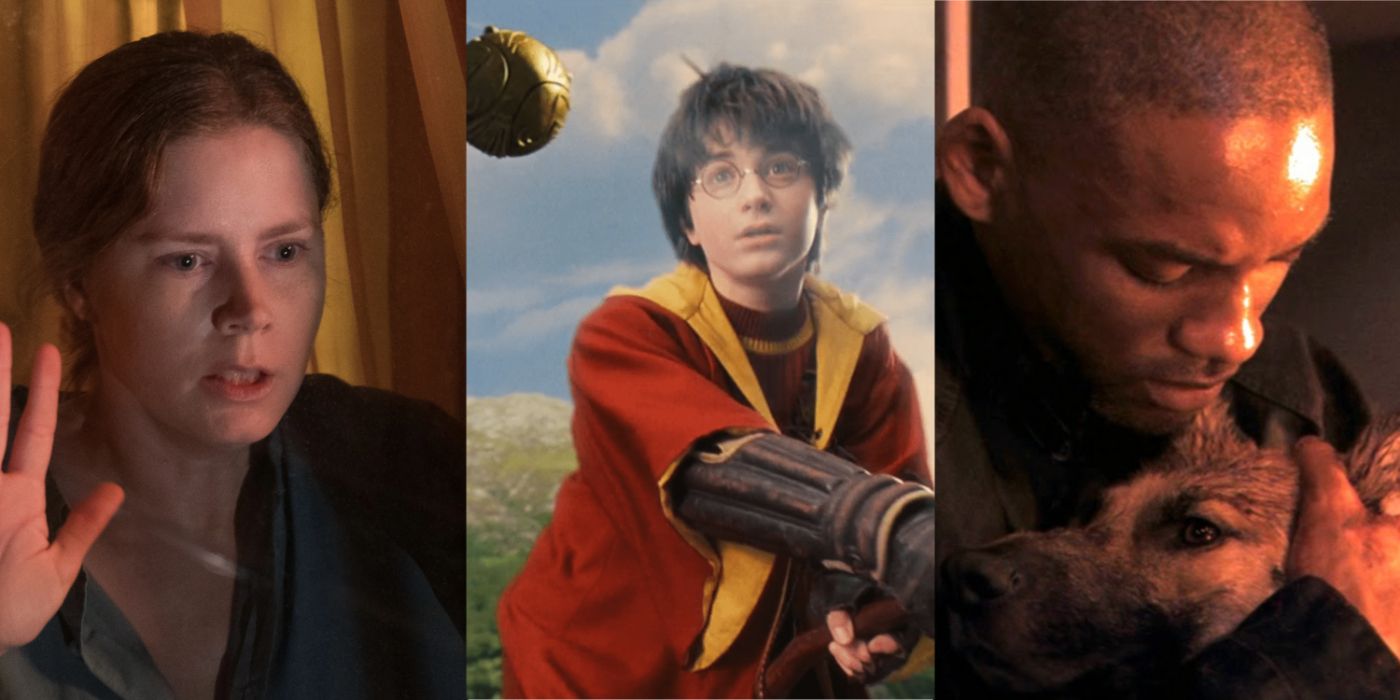 A split image of Katherine in The Woman in the Window, Harry playing Quidditch in The Philosopher's Stone, and Robert and his dog in I Am Legend