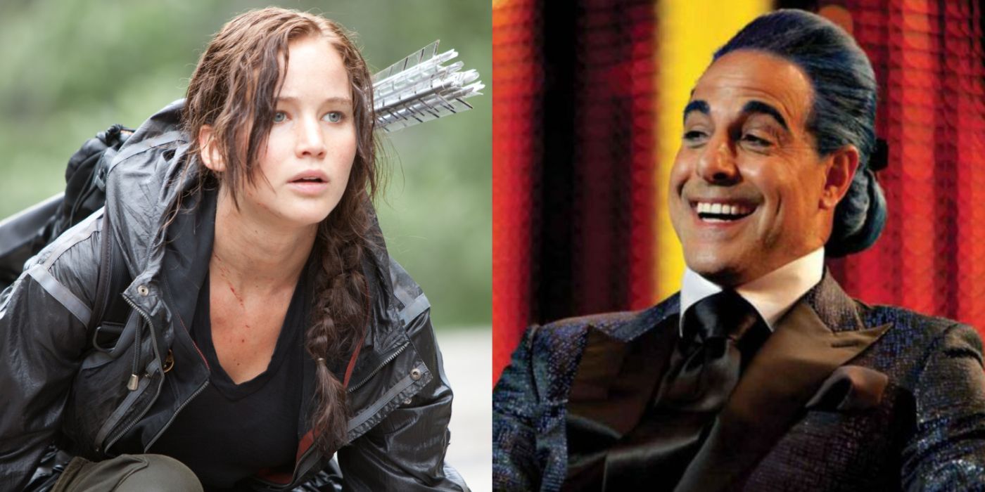 A split image of Katniss Everdeen and Caesar Flickerman in The Hunger Games