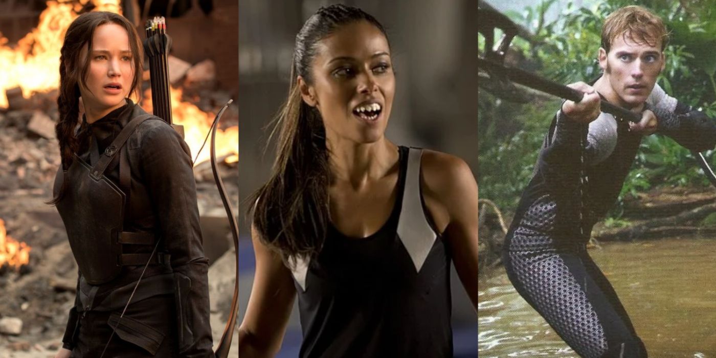 A split image of Katniss Everdeen, Enobaria, and Finnick in The Hunger Games franchise