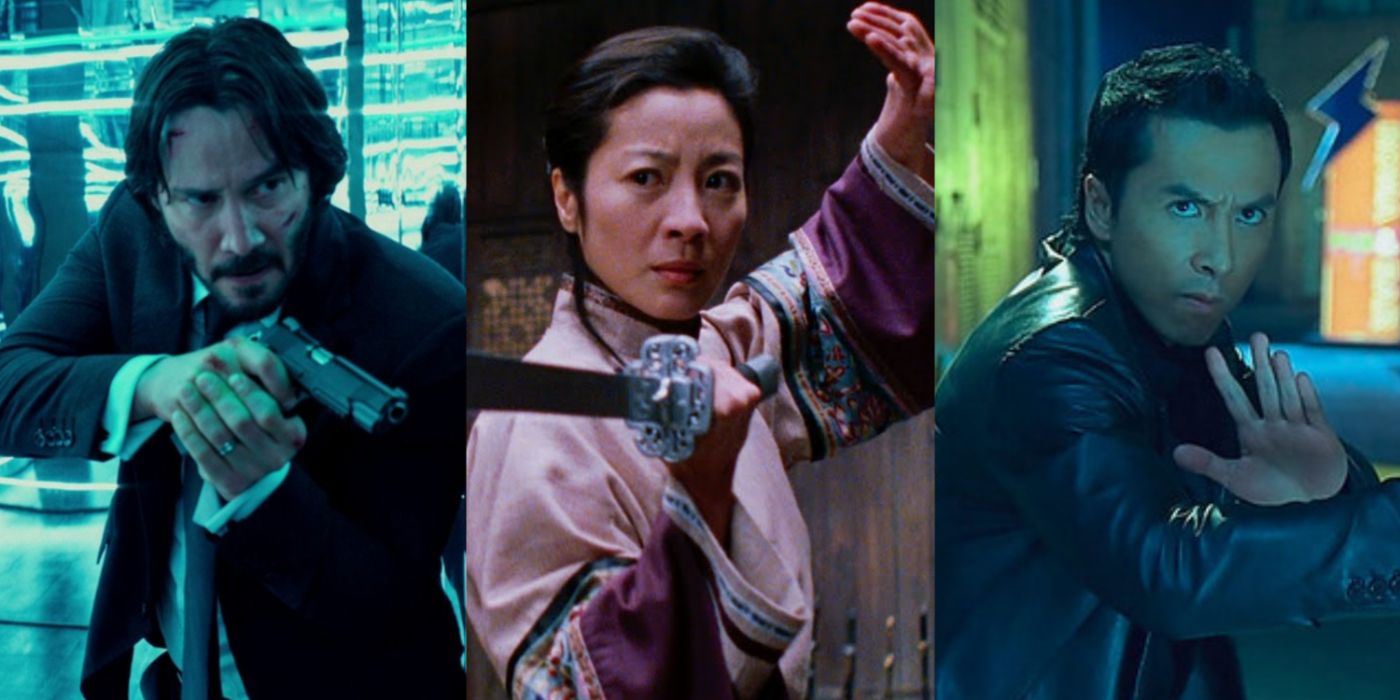A split image of Keanu Reeves in John Wick 2, Michelle Yeoh in Crouching Tiger, Hidden Dragon, and Donnie Yen in Kill Zone